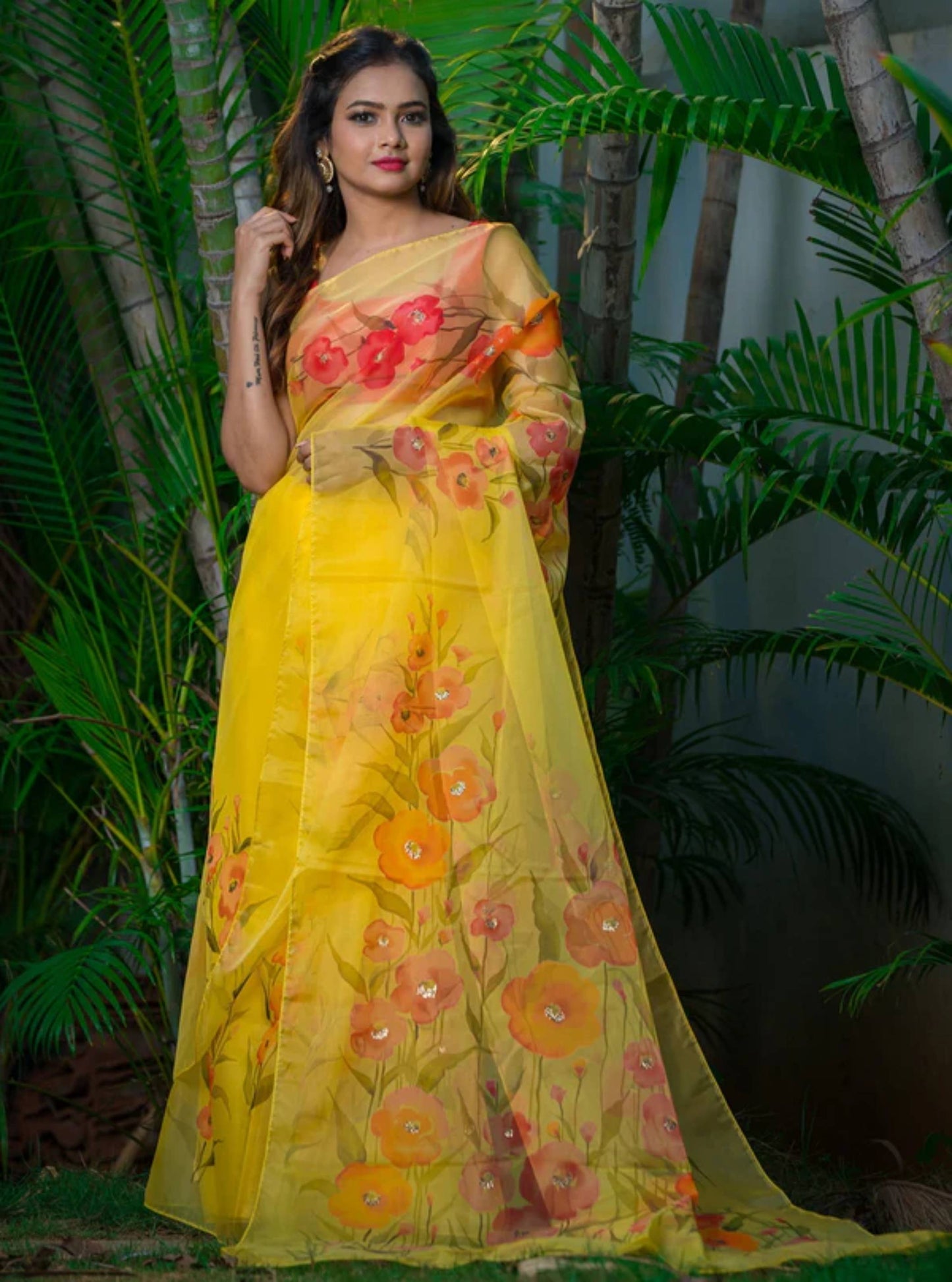 Saffron Yellow Multi Color Floral-Organza Hand-painted Sari-040