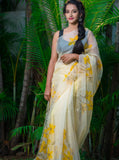 Cream Fruity Yellow Floral-Organza Hand-painted Saree-020