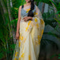 Cream Fruity Yellow Floral-Organza Hand-painted Saree-020