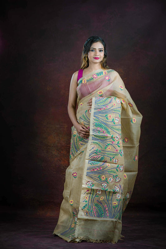 Beige Multicolor Floral Garden Jamdani Silk Saree(Pre-Order)-038 - indeloom