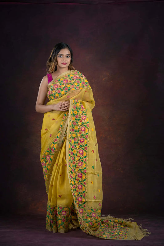 Handwoven Pure Jamdani Muslin Saree  |  Golden Yellow