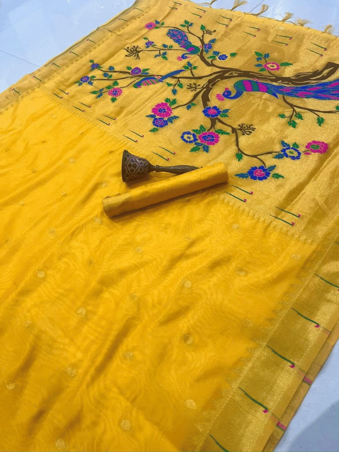 Traditional Paithani Semi Silk Saree | Yellow