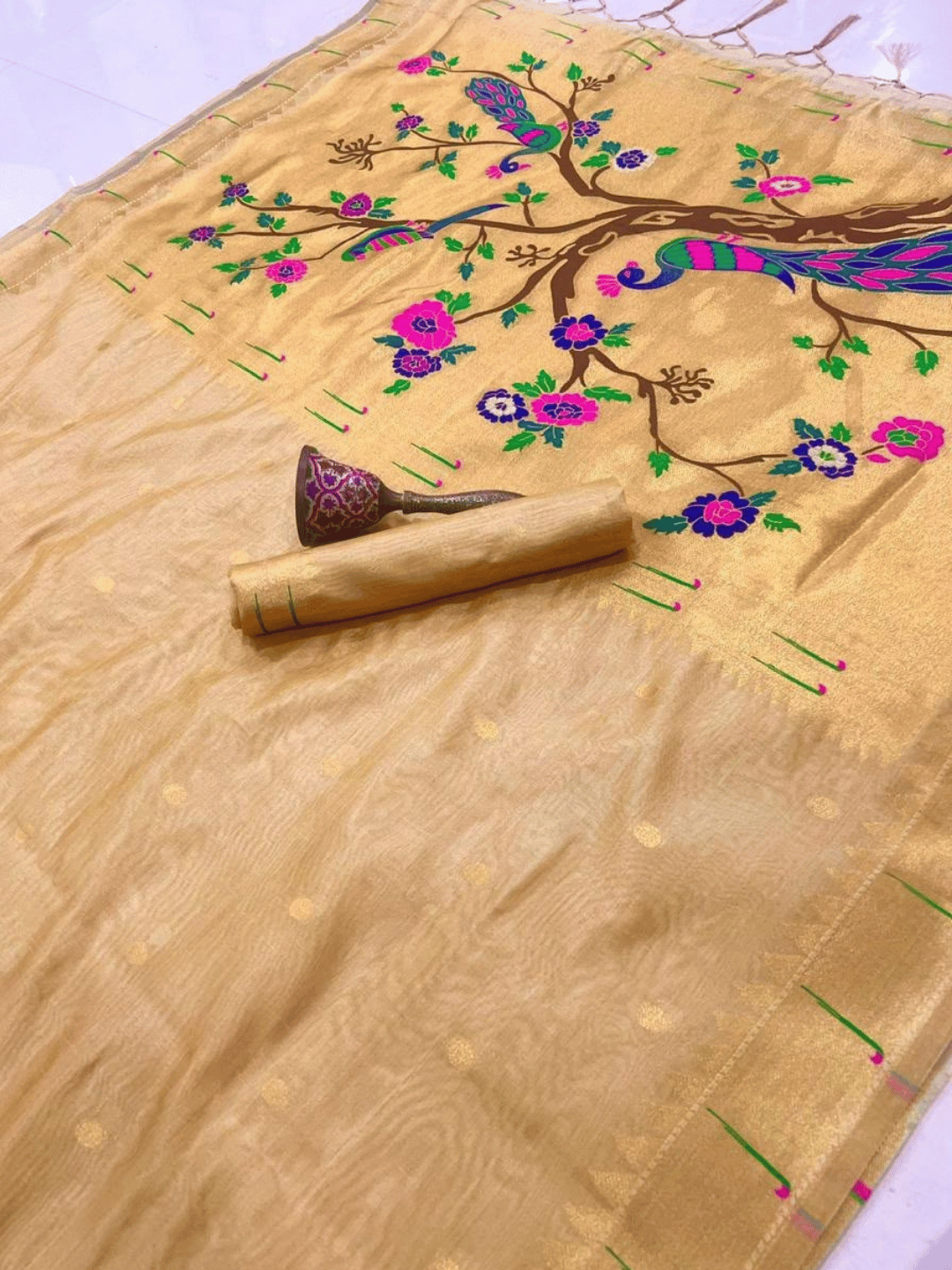 Traditional Paithani Semi Silk Saree | Beige