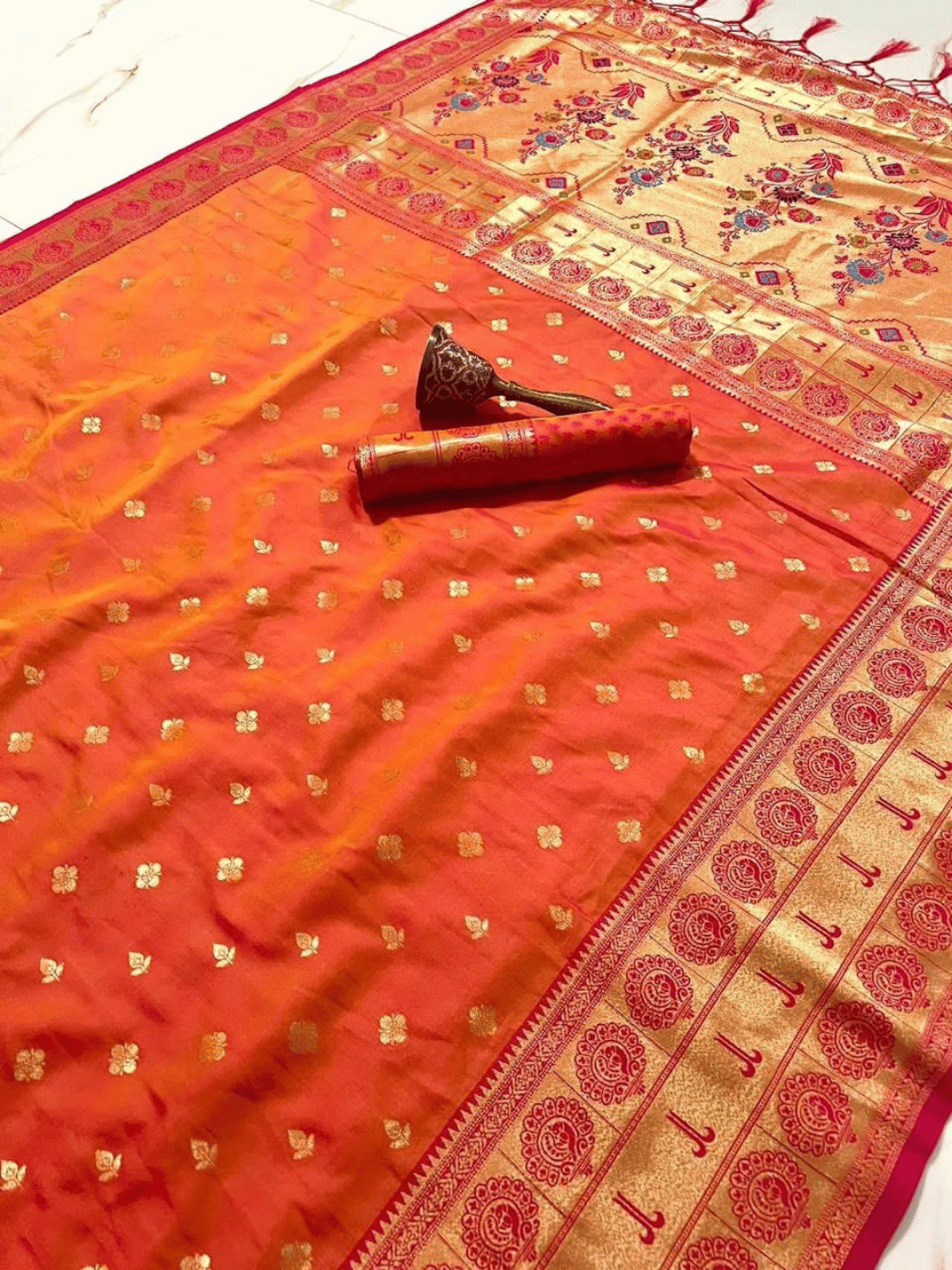 Traditional Paithani Semi Silk Saree | Orange