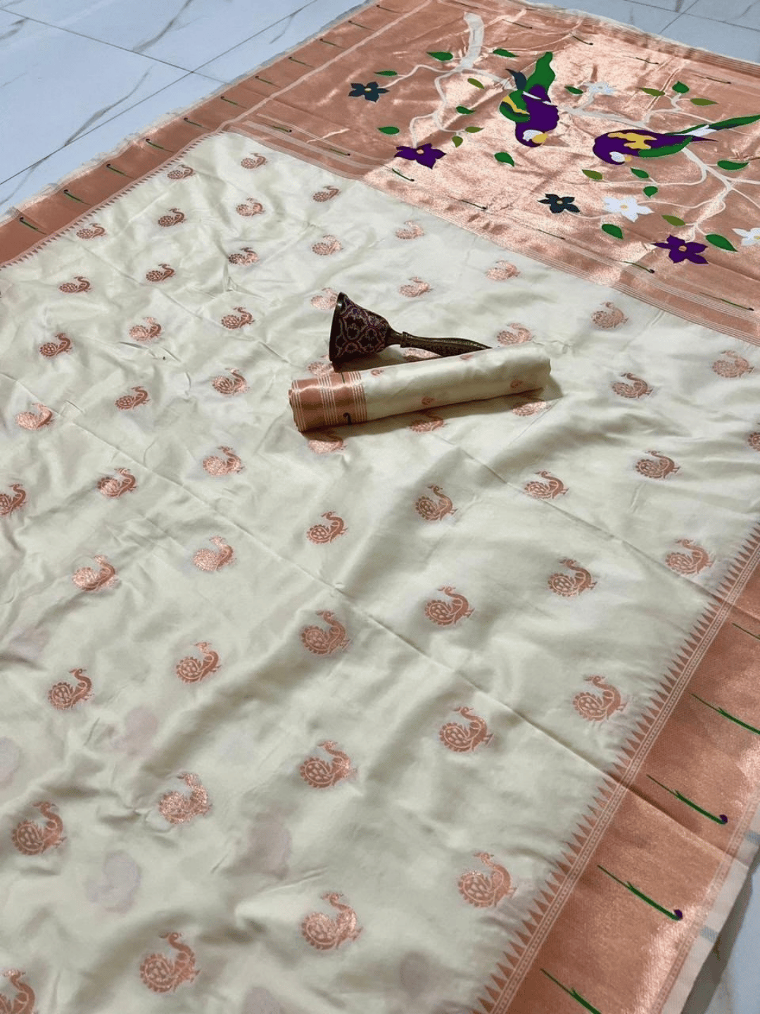 Traditional Paithani Semi Silk Saree | Beige