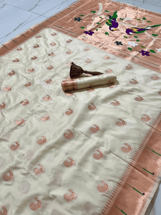 Traditional Paithani Semi Silk Saree | Beige