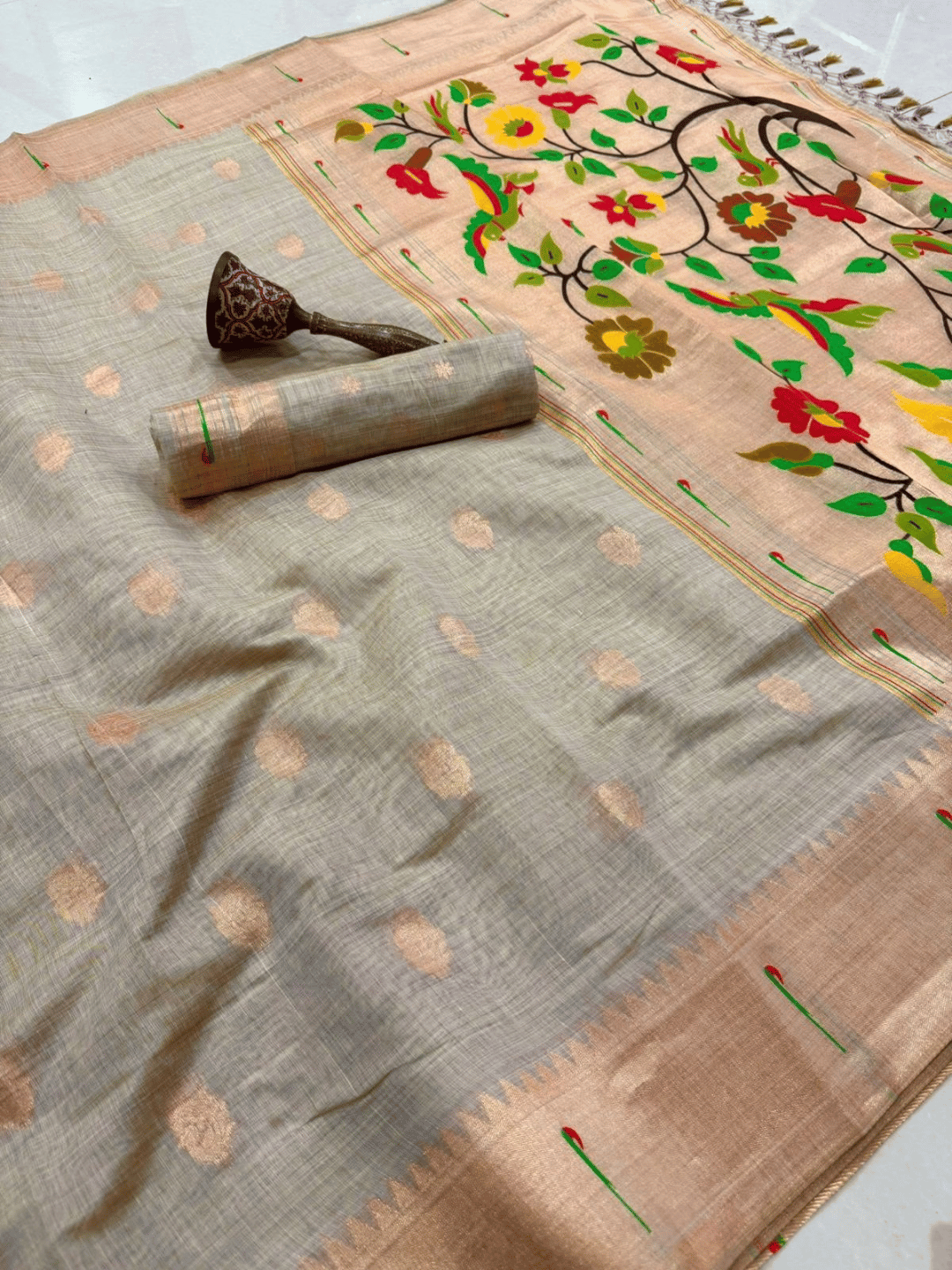 Traditional Paithani Semi Silk Saree | Gray