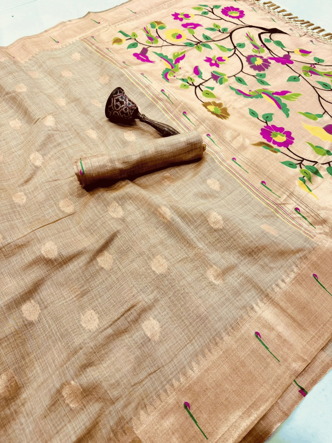 Traditional Paithani Semi Silk Saree | Beige