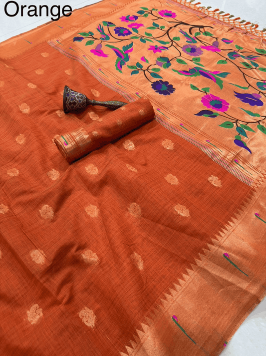 Traditional Paithani Semi Silk Saree | Orange