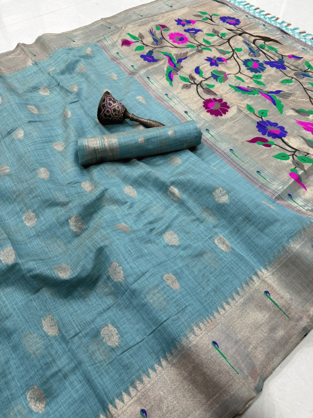 Traditional Paithani Semi Silk Saree | Blue