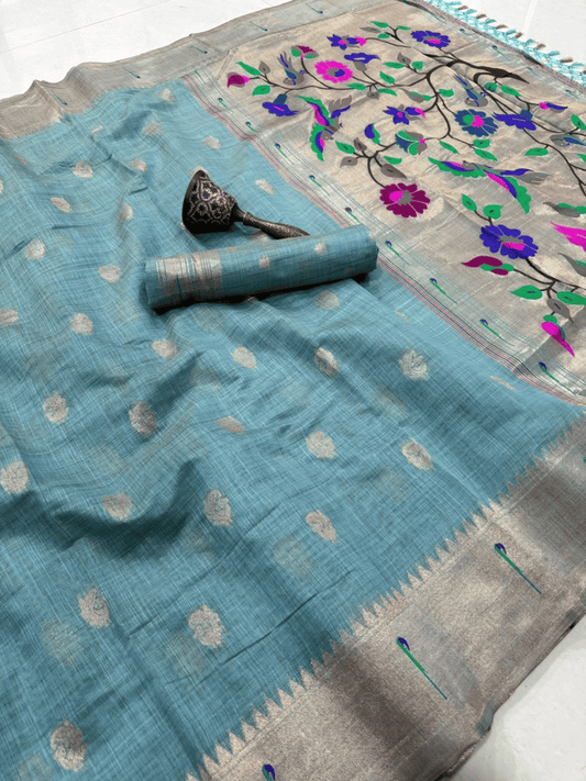 Traditional Paithani Semi Silk Saree | Blue