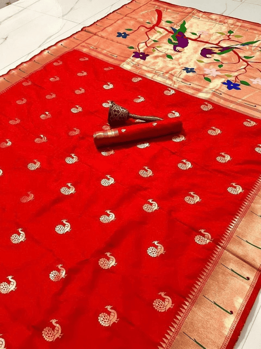 Traditional Paithani Semi Silk Saree | Red