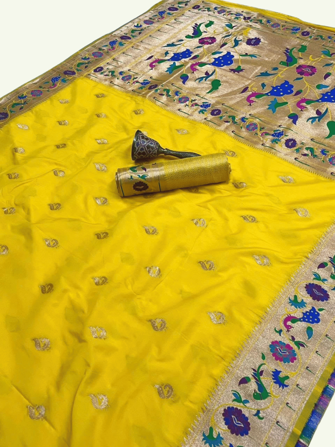 Traditional Paithani Semi Silk Saree | Yellow