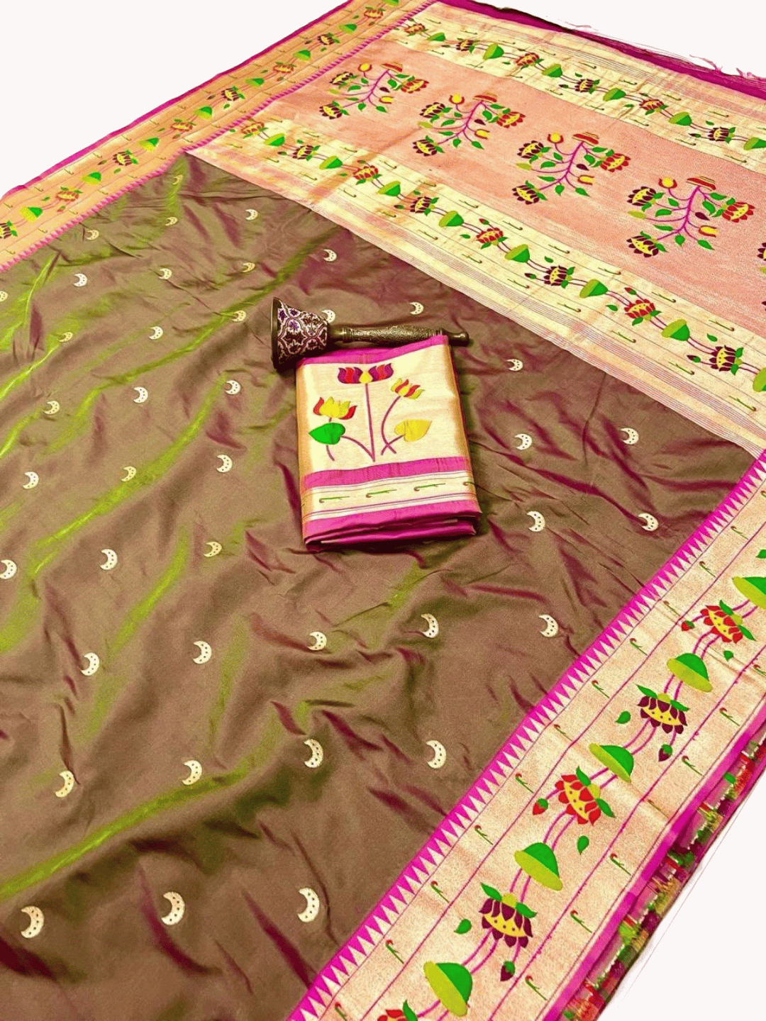 Traditional Paithani Semi Silk Saree | Brown