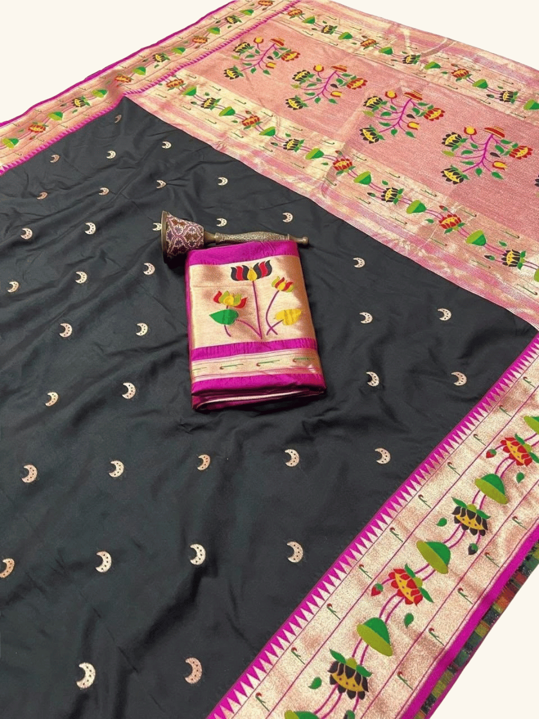 Traditional Paithani Semi Silk Saree | Gray