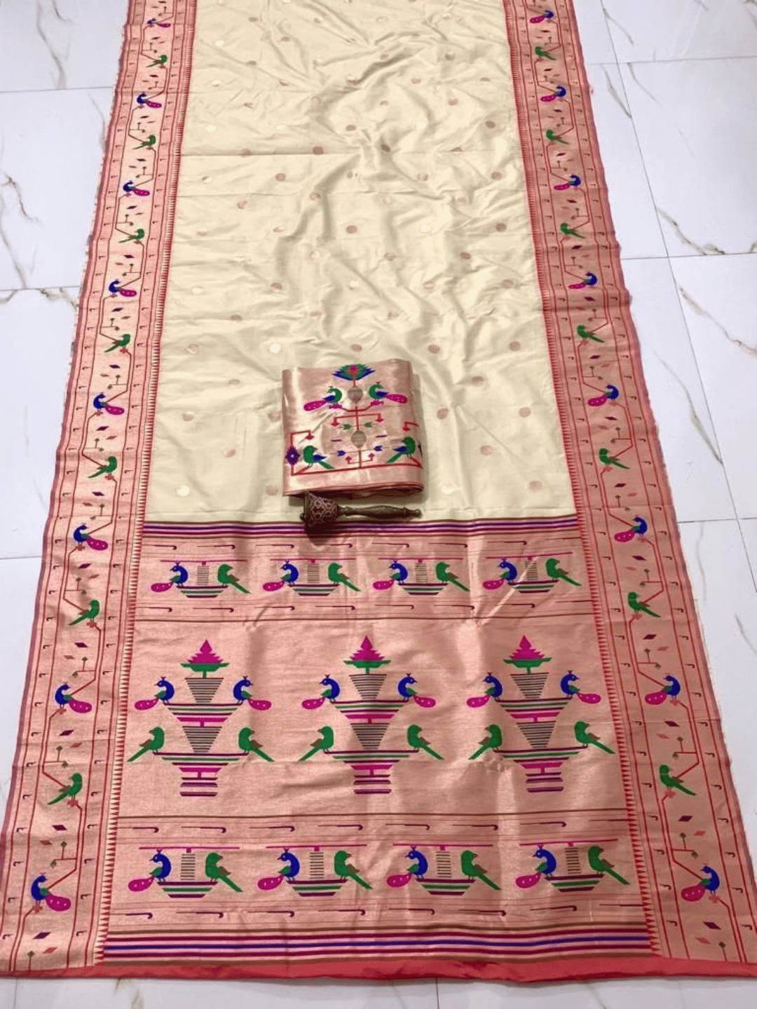 Traditional Paithani Semi Silk Saree | Beige
