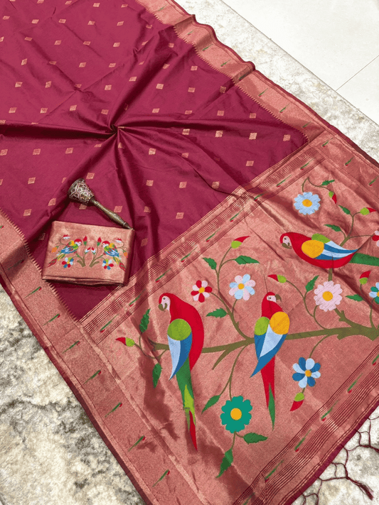 Traditional Paithani Semi Silk Saree | Red