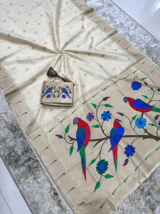 Traditional Paithani Semi Silk Saree | White