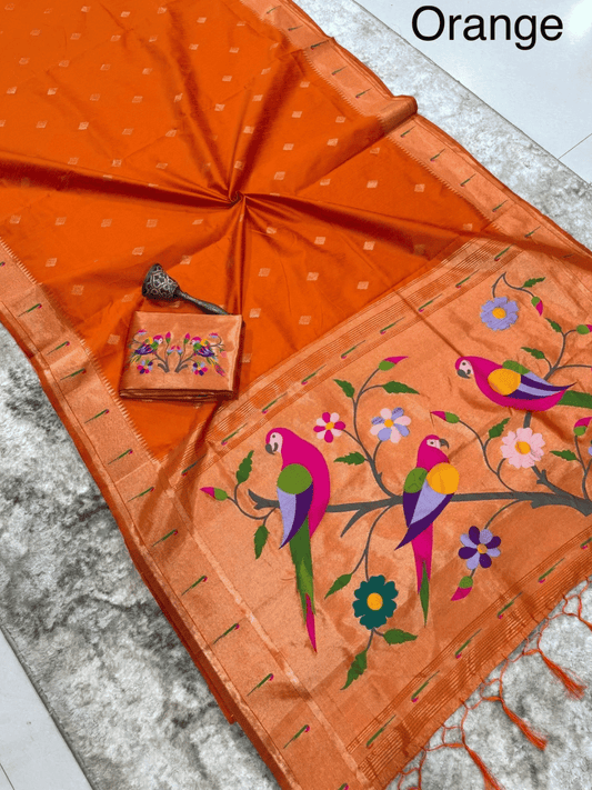 Traditional Paithani Semi Silk Saree | Orange