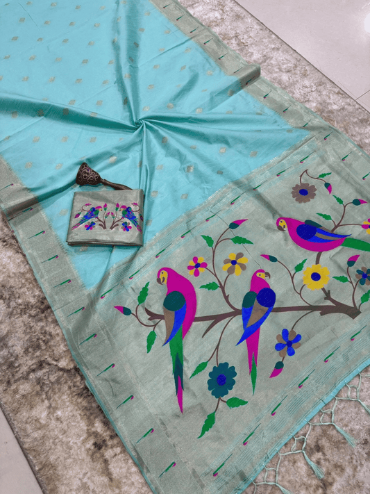 Traditional Paithani Semi Silk Saree | Blue