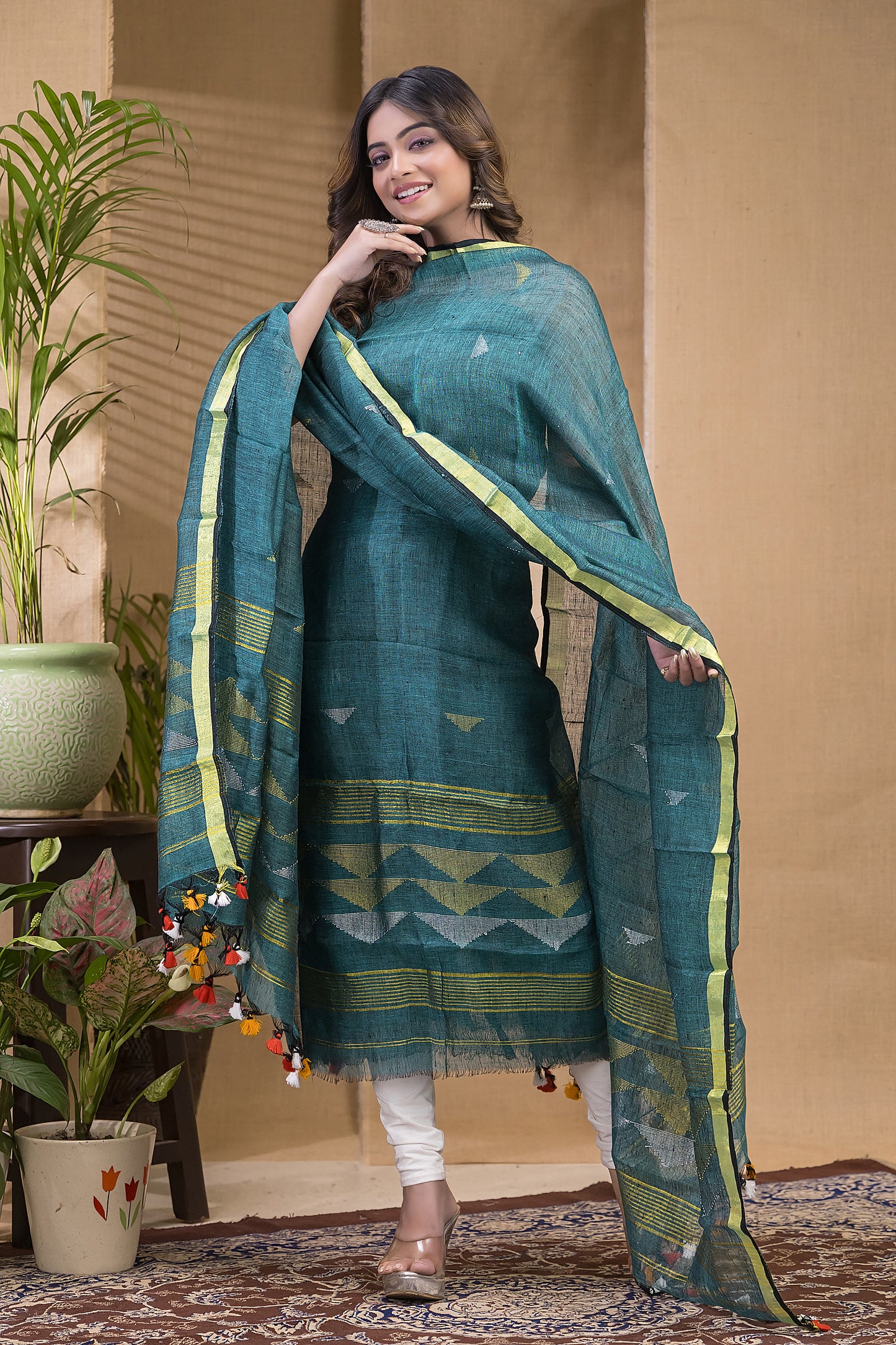 Softcyan Blue Pure Linen suit 2 piece Set Kurti & Dupatta (UNSTITCHED) -627