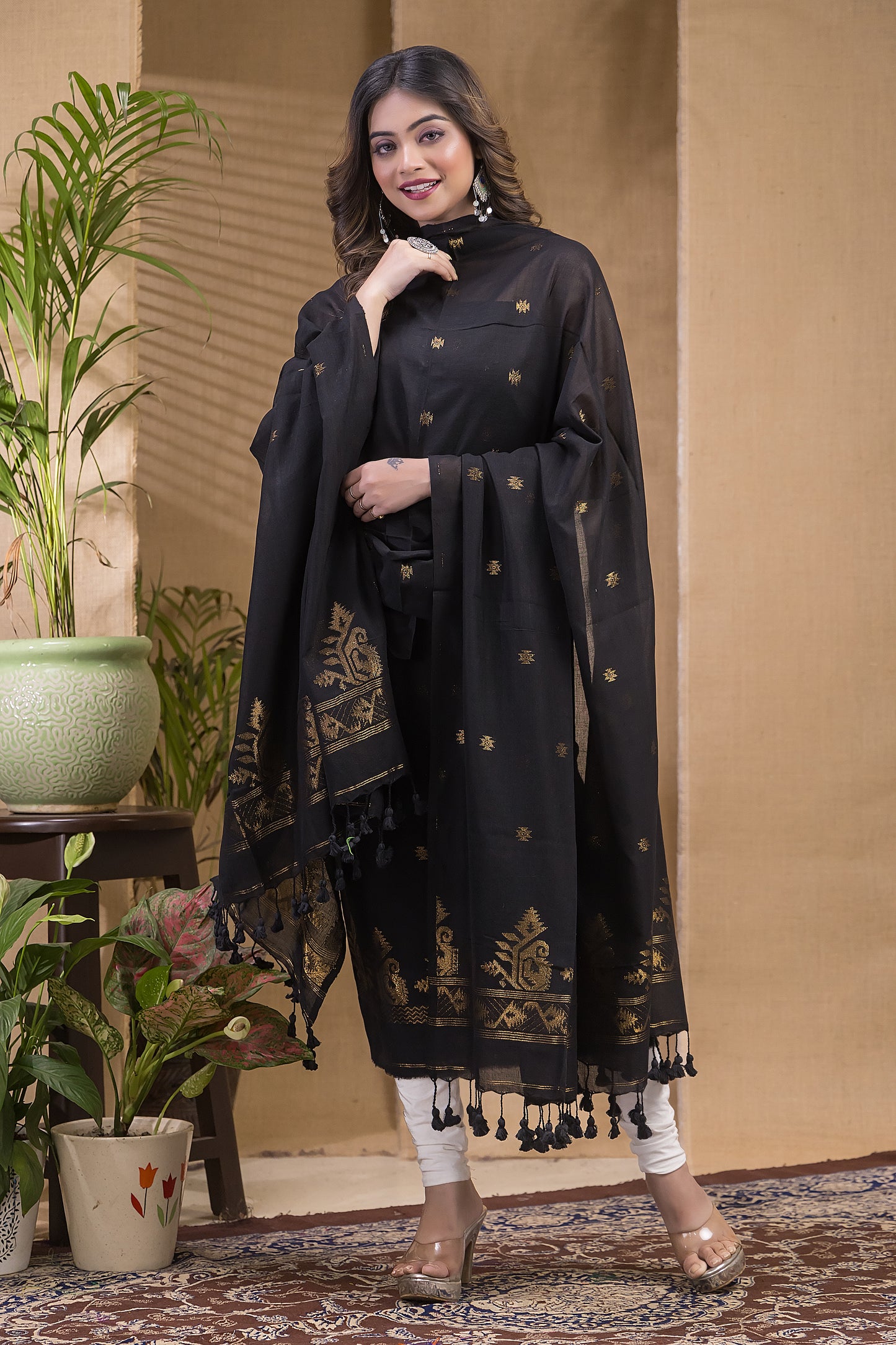 Dark Black Natural Dye Cotton 2-Piece Set Kurti & Dupatta (UNSTITCHED) -656