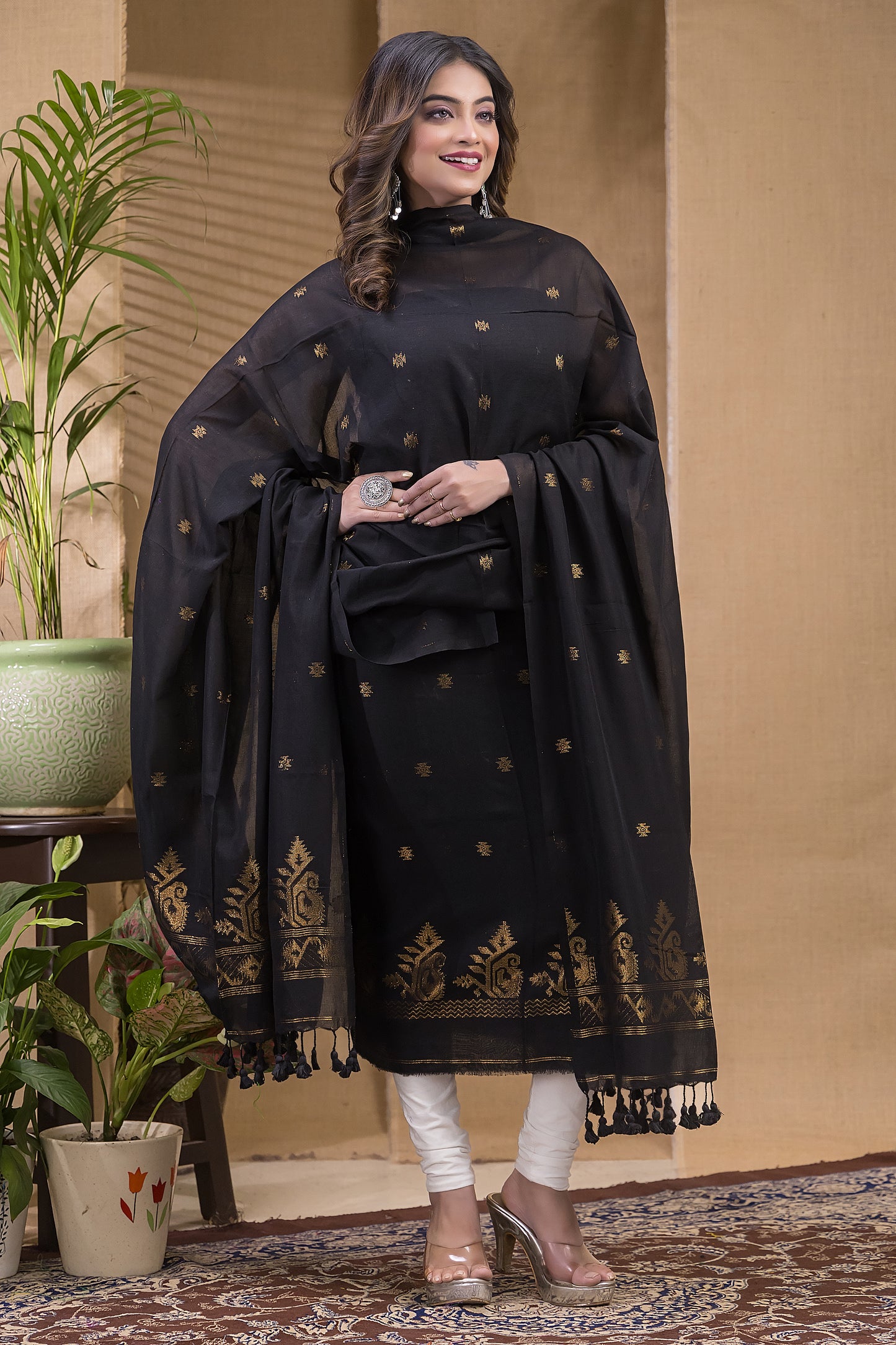 Dark Black Natural Dye Cotton 2-Piece Set Kurti & Dupatta (UNSTITCHED) -656