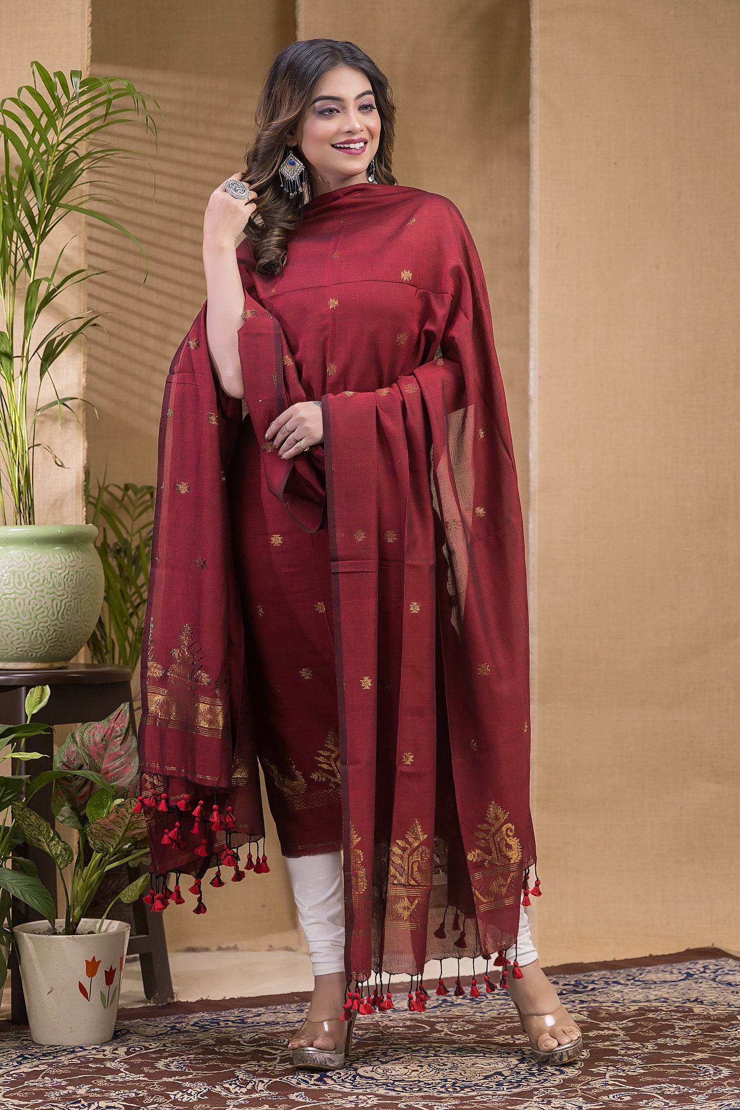 Blood Red Natural Dye Cotton 2-Piece Set Kurti & Dupatta (UNSTITCHED)- 657