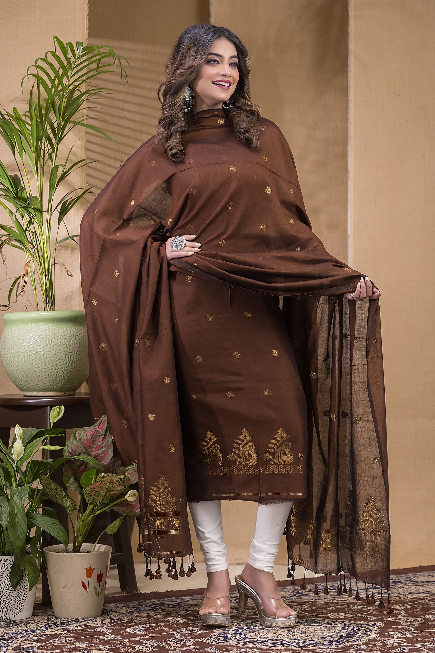 Copper Brown Natural Dye Cotton 2-Piece Set Kurti & Dupatta (UNSTITCHED) -651