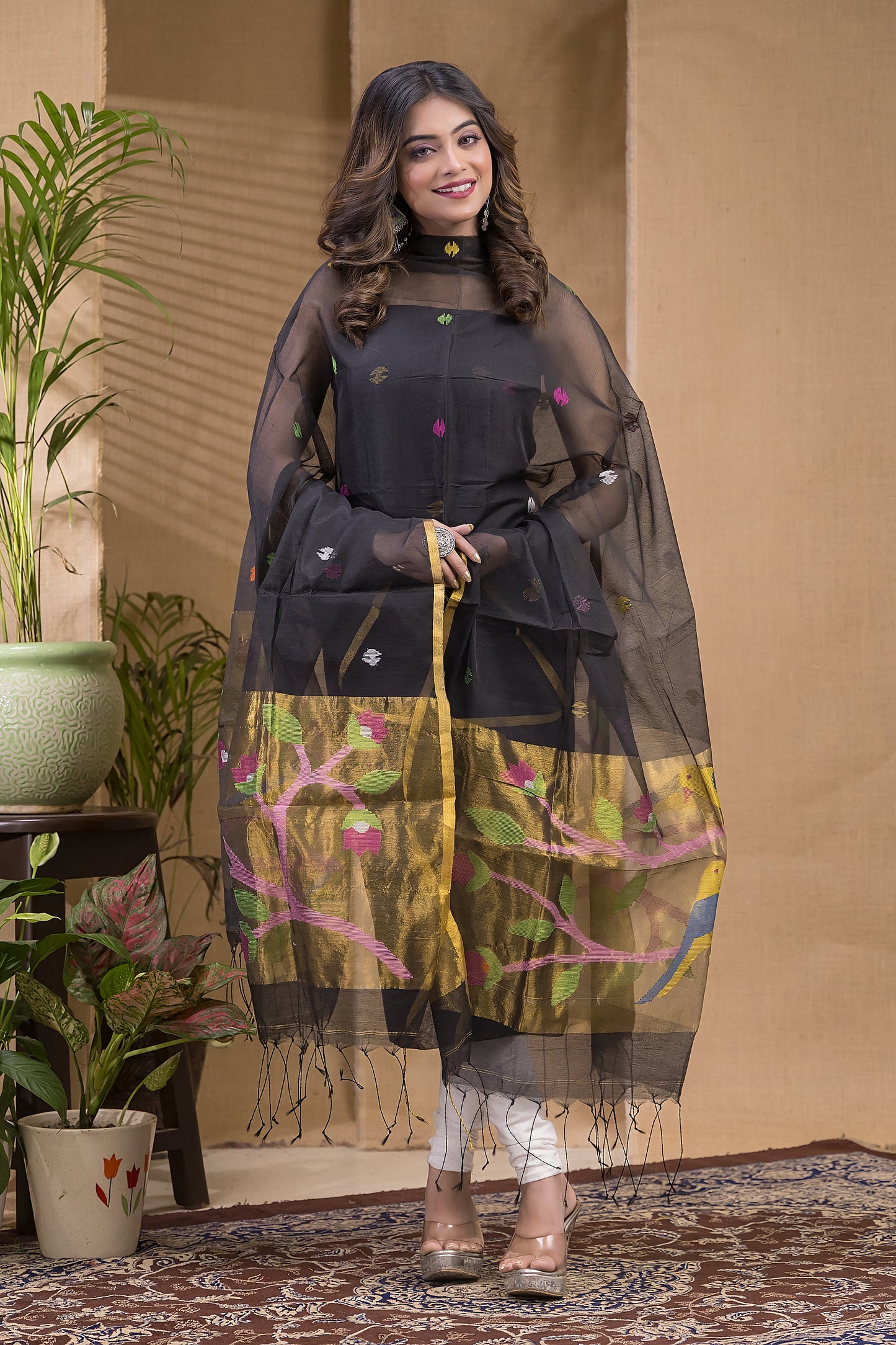 Smokey Black Muslin Jamdani 2-Piece Set Kurti & Dupatta (UNSTITCHED) -660