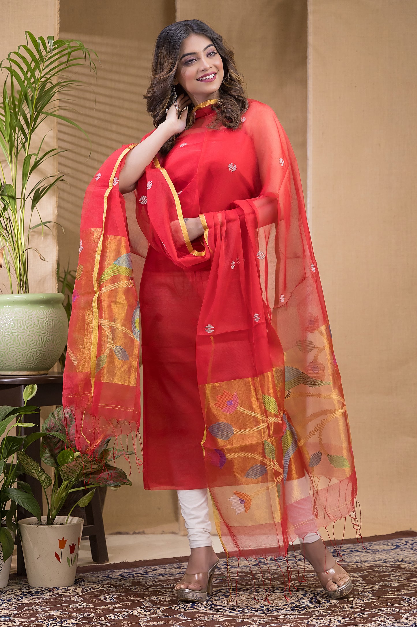 Cherry Red Jamdani 2-Piece Set Kurti & Dupatta (UNSTITCHED) -658