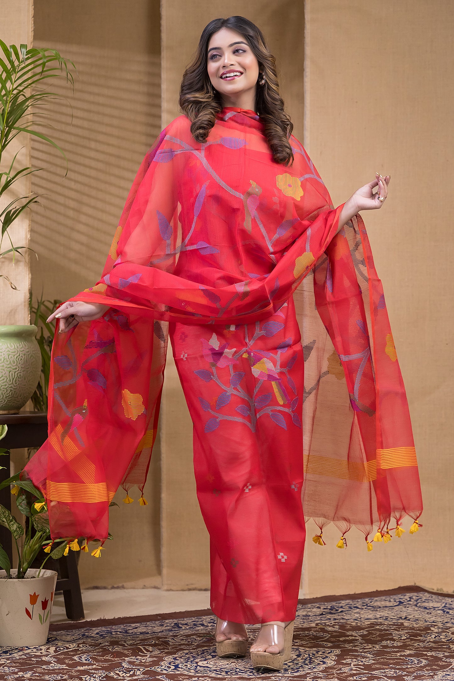 Rose Red Muslin Jamdani 2-Piece Set Kurti & Dupatta (UNSTITCHED) -665
