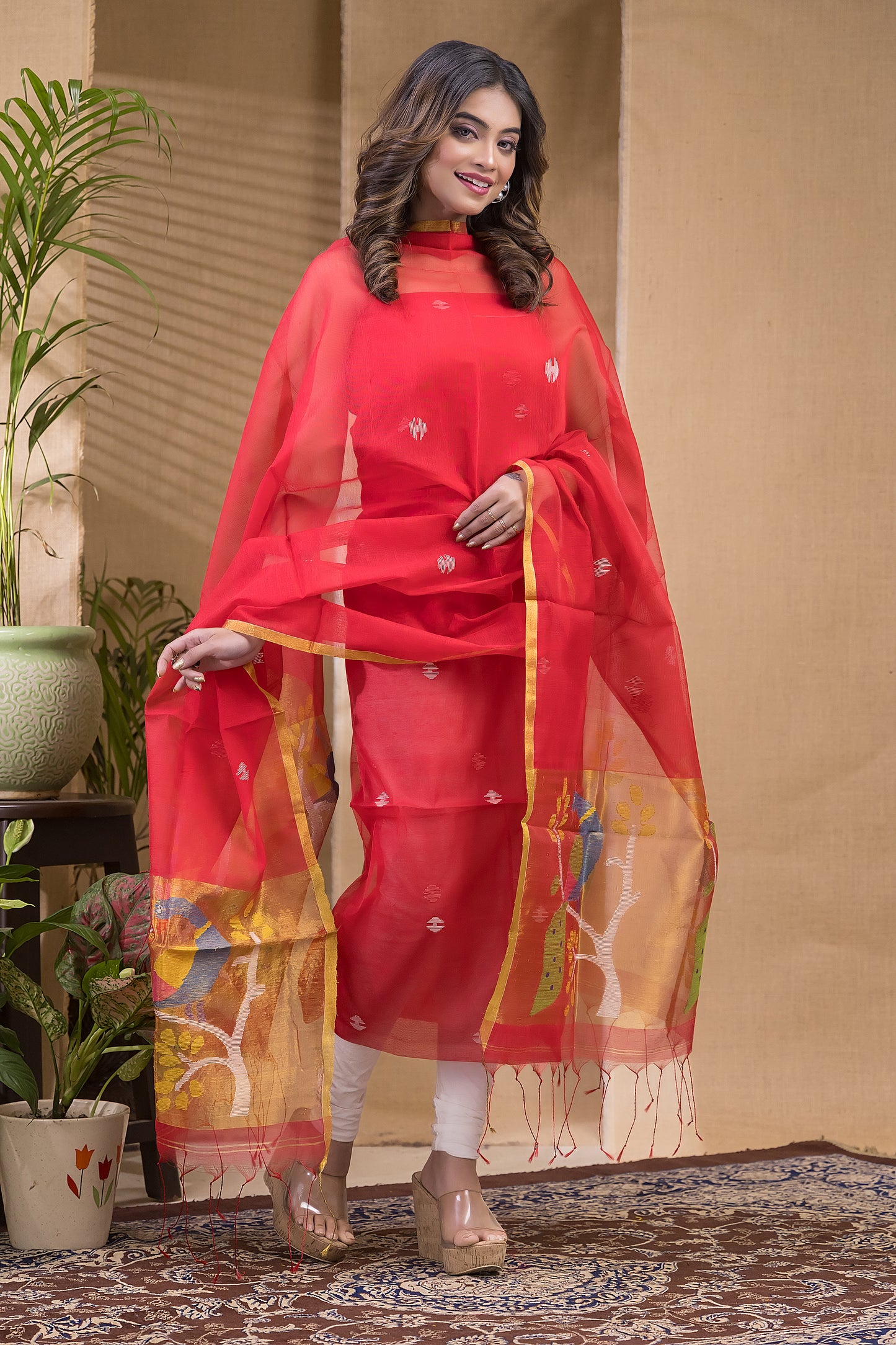 Chilli Red Muslin Jamdani 2-Piece Set Kurti & Dupatta (UNSTITCHED) -687