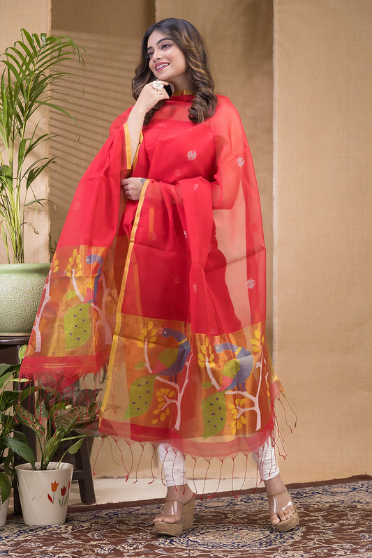 Chilli Red Muslin Jamdani 2-Piece Set Kurti & Dupatta (UNSTITCHED) -687