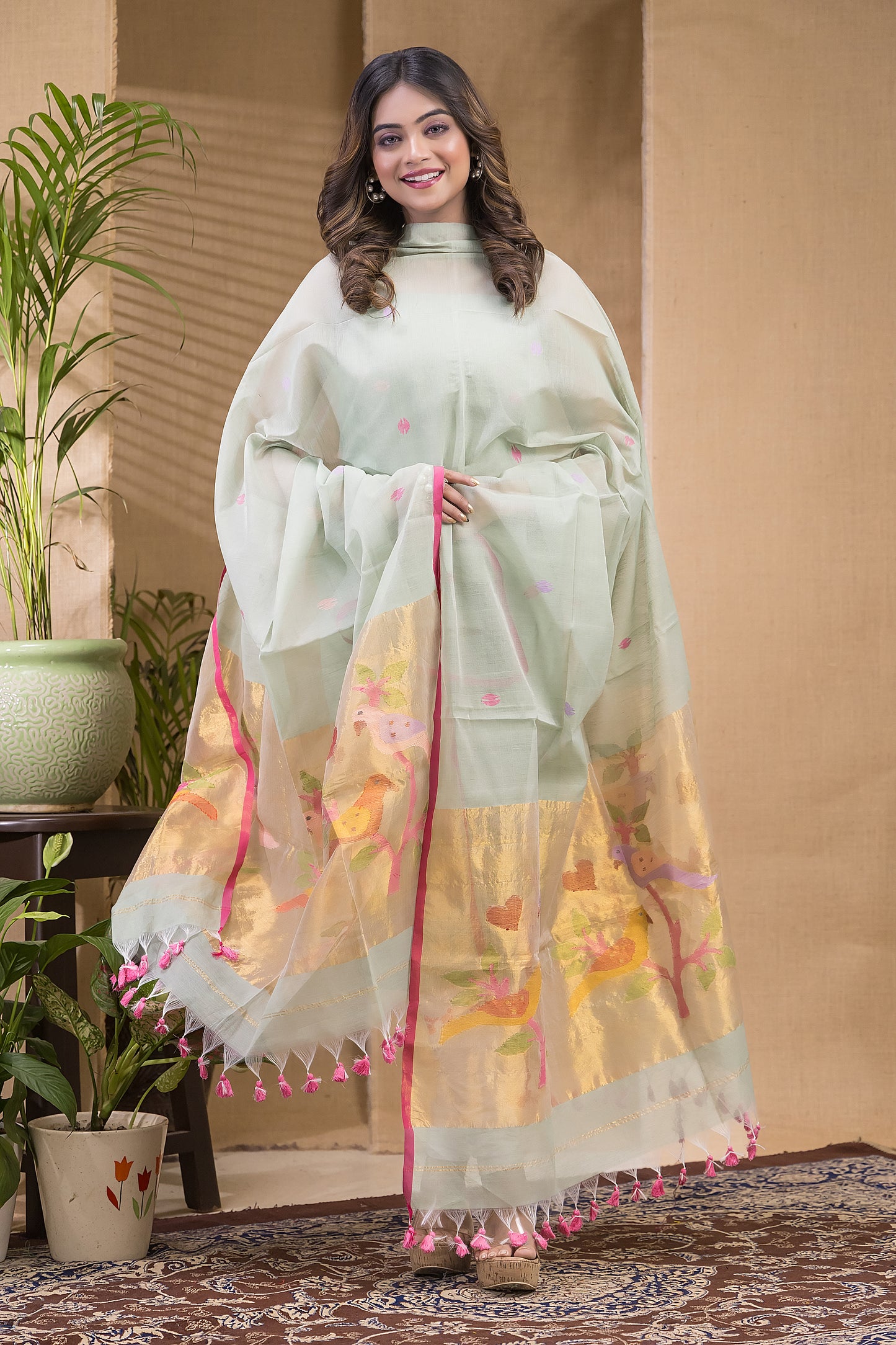 Light Green Muslin Jamdani 2-Piece Set Kurti & Dupatta (UNSTITCHED) -685