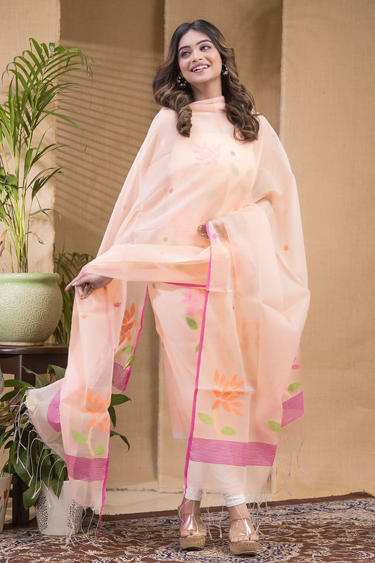 Papaya Orange Muslin Jamdani 2-Piece Set Kurti & Dupatta (UNSTITCHED) -673