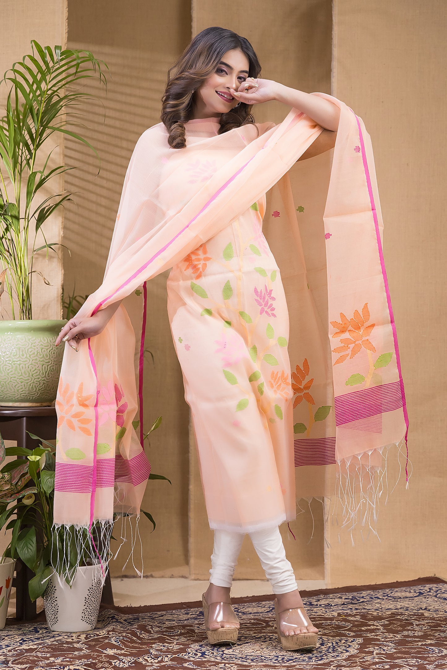Papaya Orange Muslin Jamdani 2-Piece Set Kurti & Dupatta (UNSTITCHED) -673