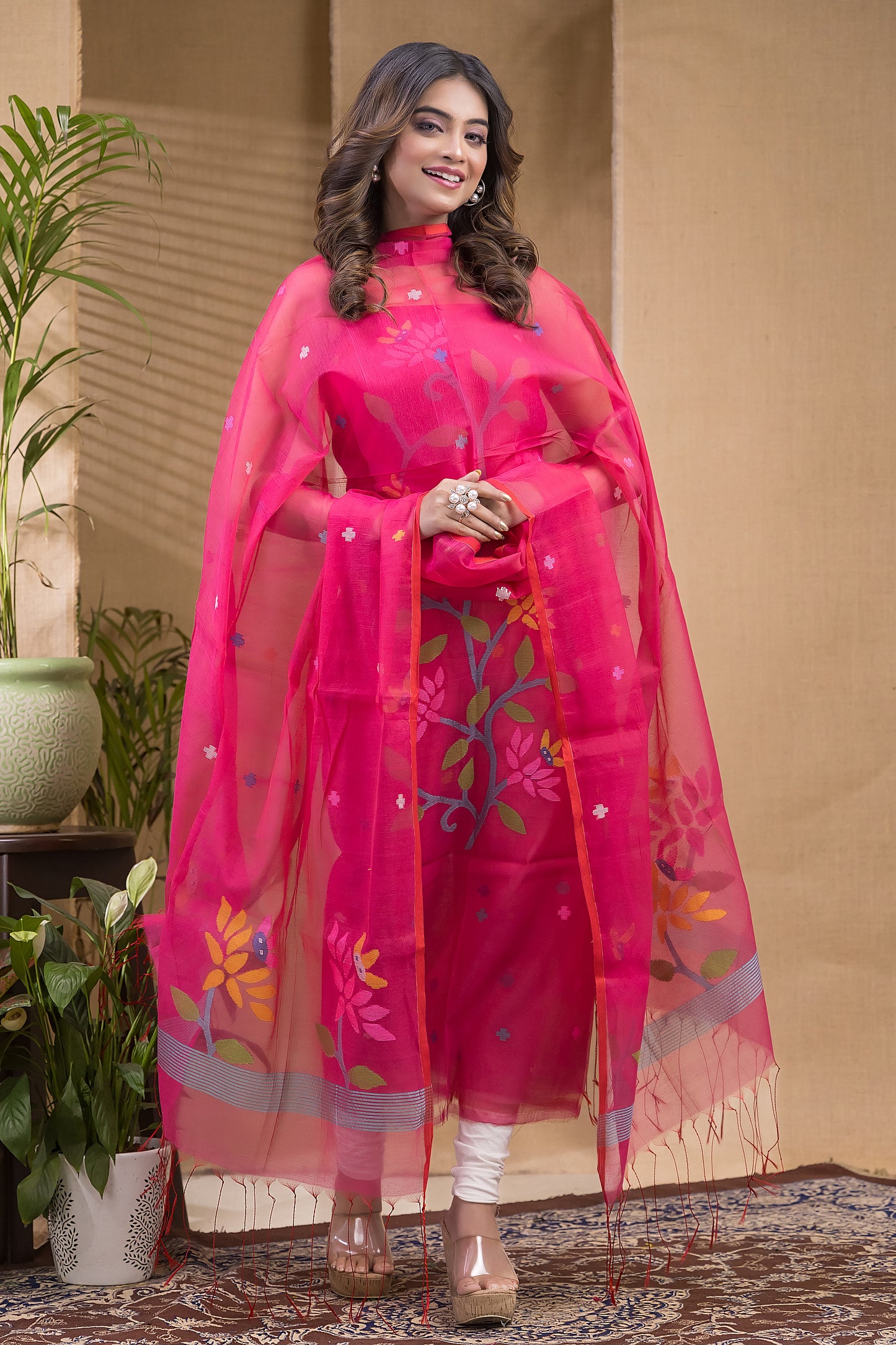 Peach Pink Muslin Jamdani 2-Piece Set Kurti & Dupatta (UNSTITCHED) -675