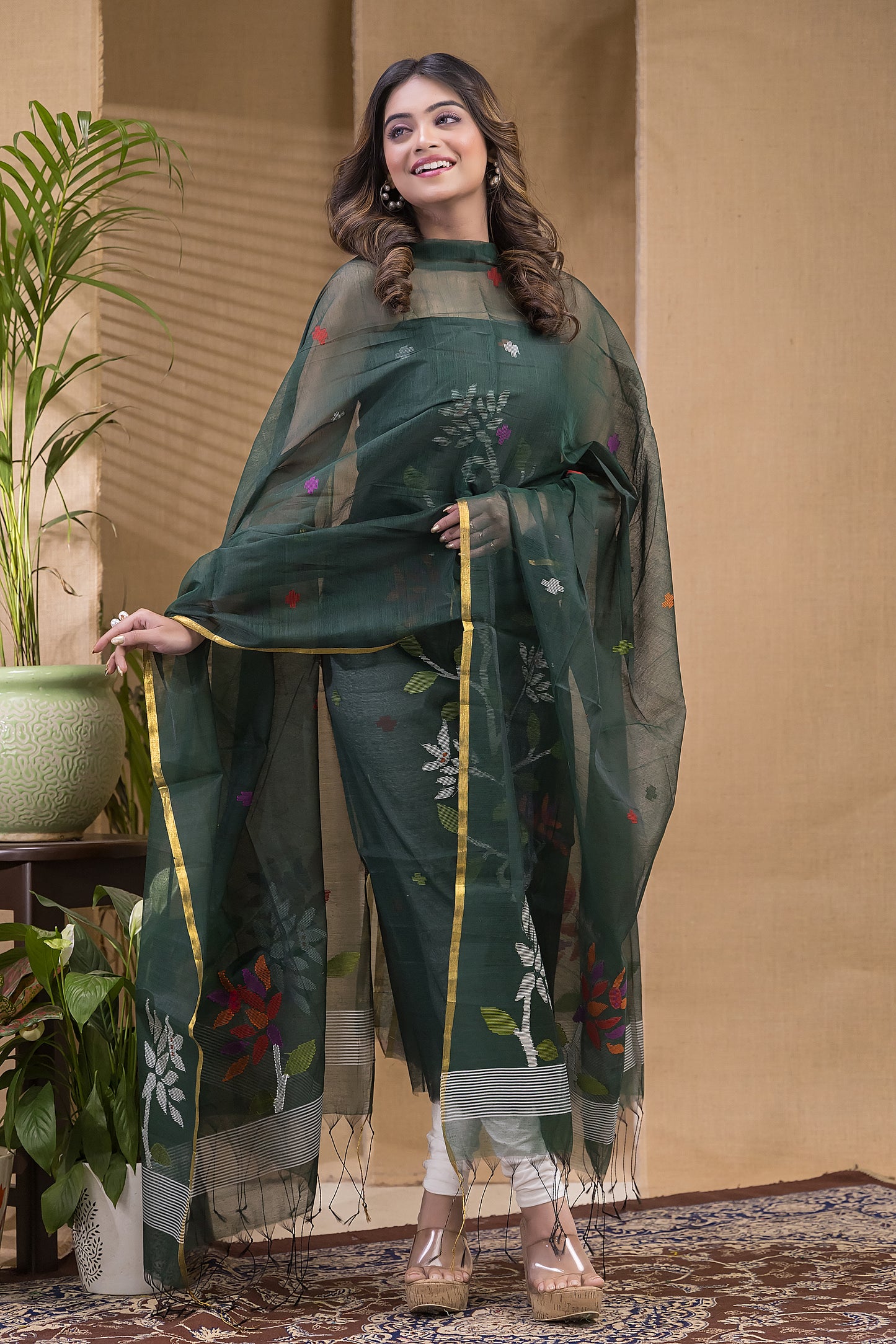Dark Green Muslin Jamdani 2-Piece Set Kurti & Dupatta (UNSTITCHED) -679