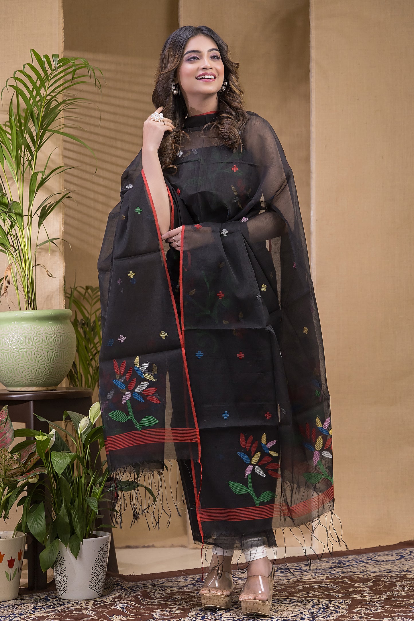 Dark Black Muslin Jamdani 2-Piece Set Kurti & Dupatta (UNSTITCHED) -683