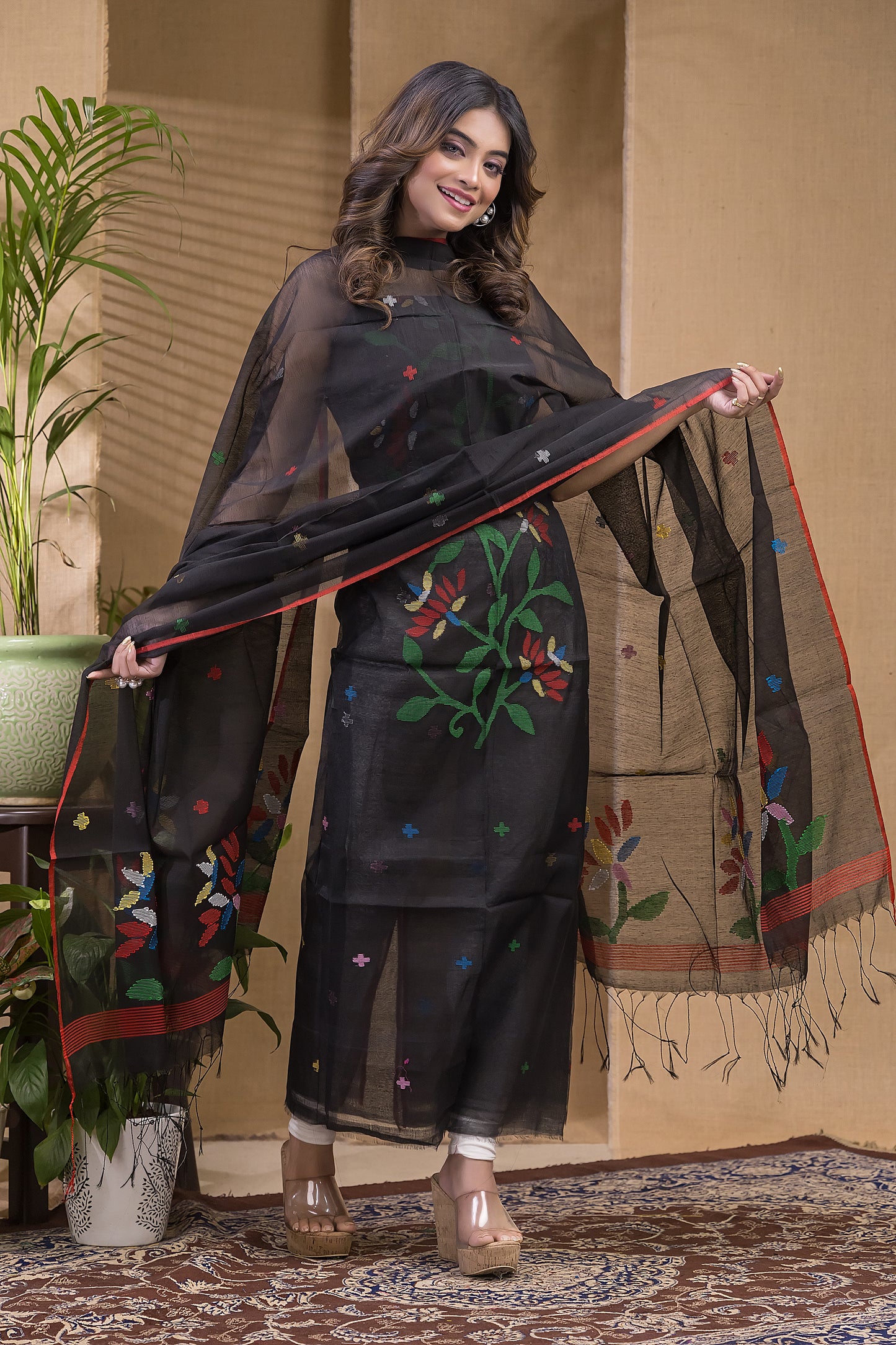Dark Black Muslin Jamdani 2-Piece Set Kurti & Dupatta (UNSTITCHED) -683