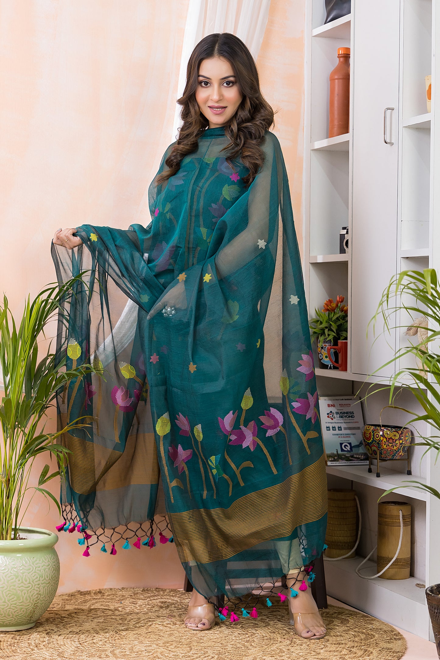 Teal Green Jamdani 2-Piece Set Kurti & Dupatta (UNSTITCHED) -420