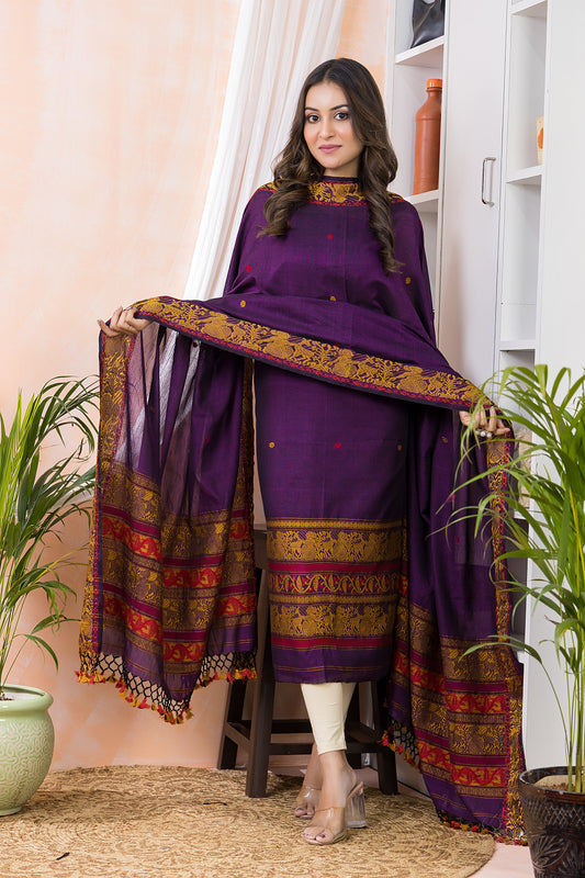 Royal Plum | Handloom Jamdani Muslin Unstitched 2-Piece Kurti | Baluchari Design