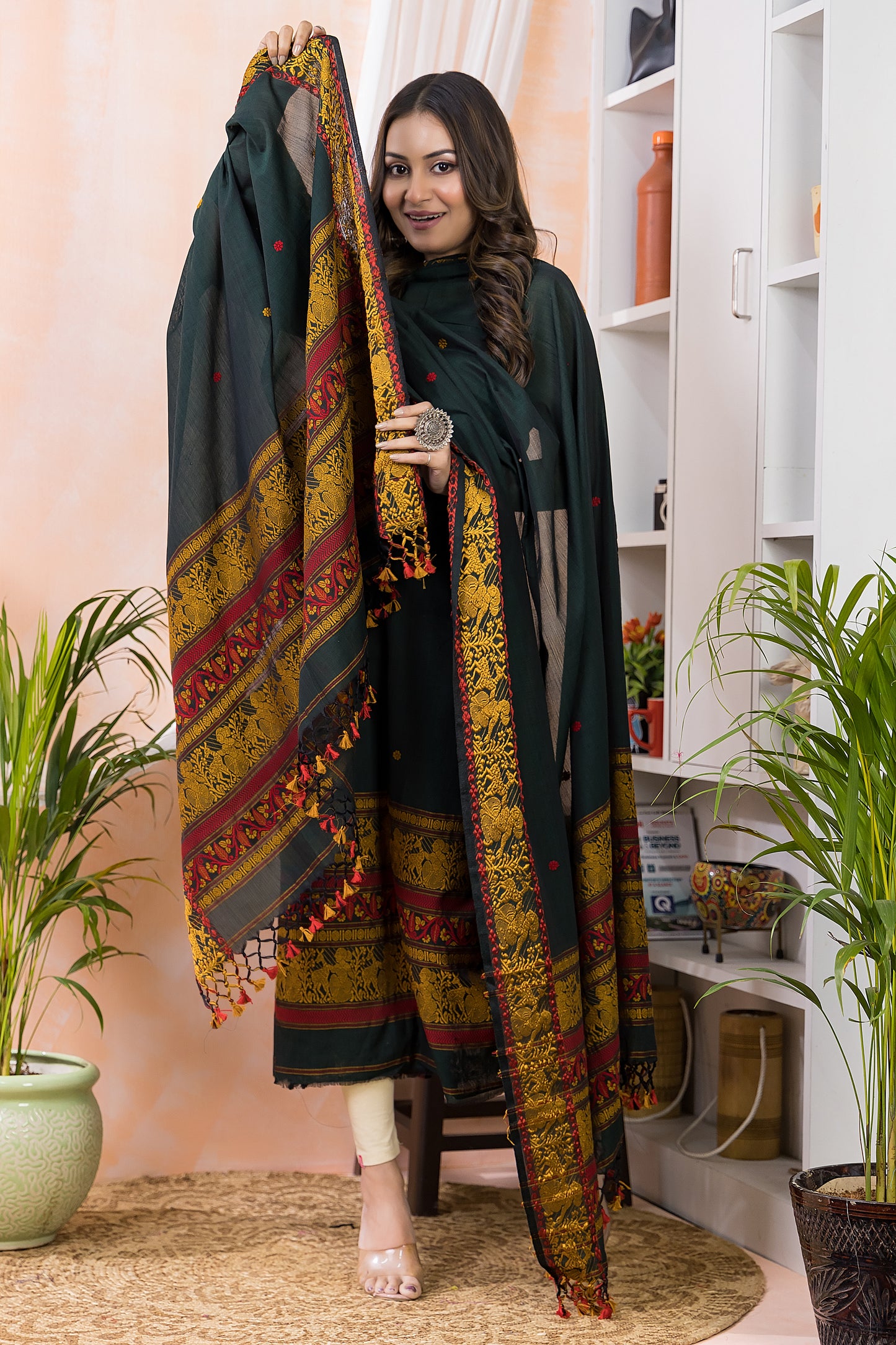 Army Green Baluchari Jamdani 2-Piece Set Kurti & Dupatta (UNSTITCHED) -493