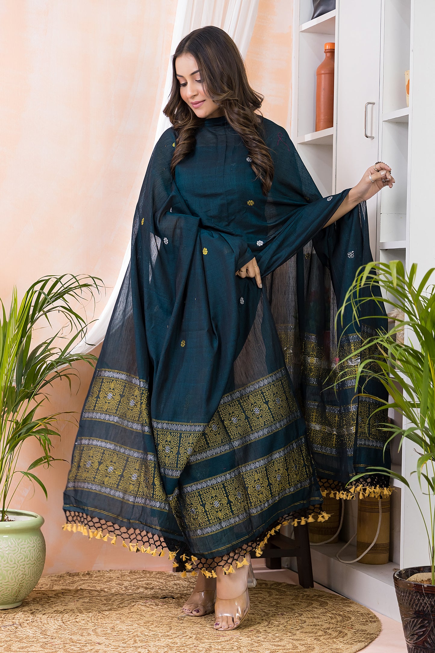 Emerald Green Linen Jamdani 2-Piece Set Kurti & Dupatta (UNSTITCHED) - 966