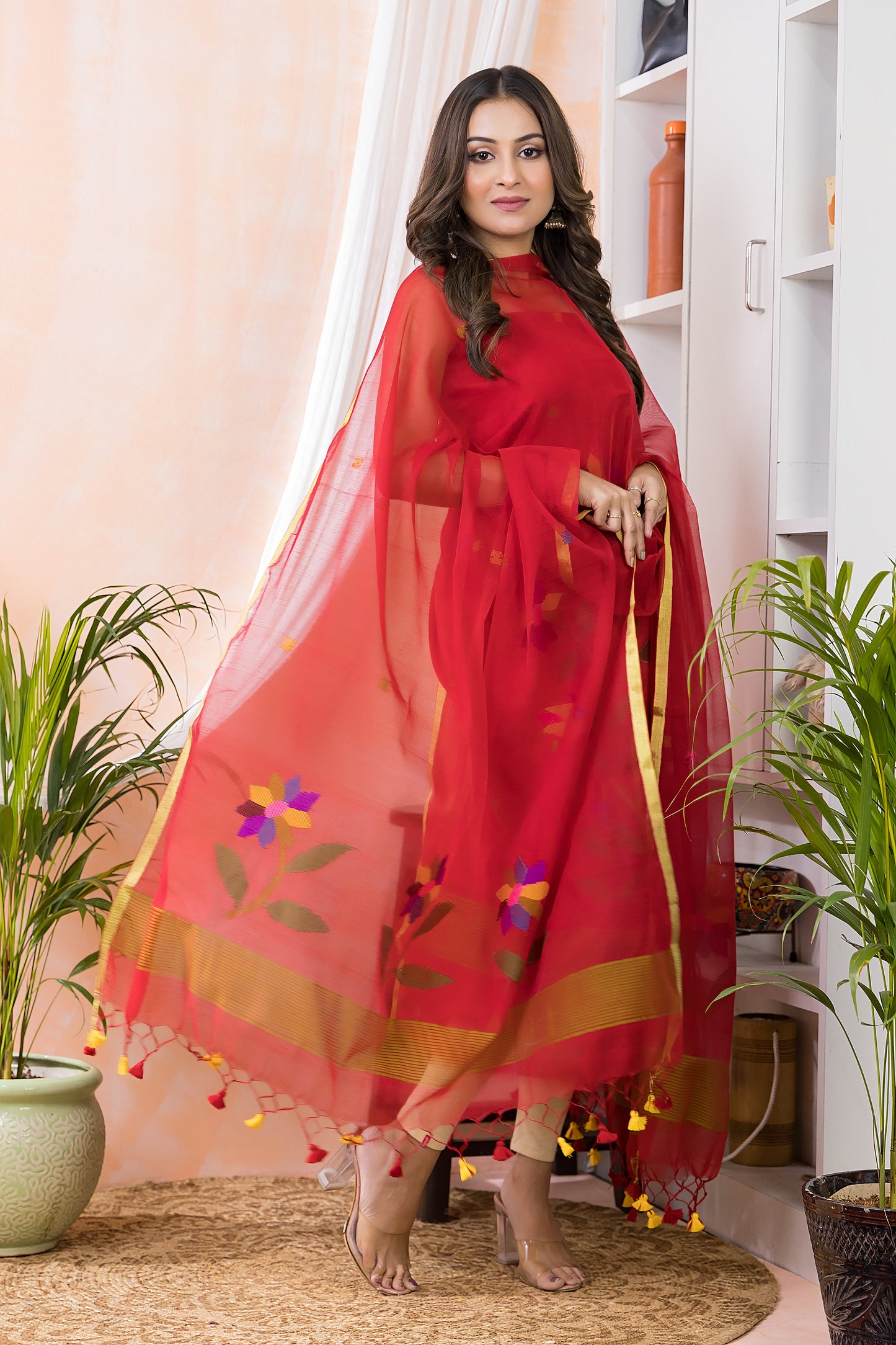 Imperial Red Muslin Jamdani 2-Piece Set Kurti & Dupatta (UNSTITCHED) - 980