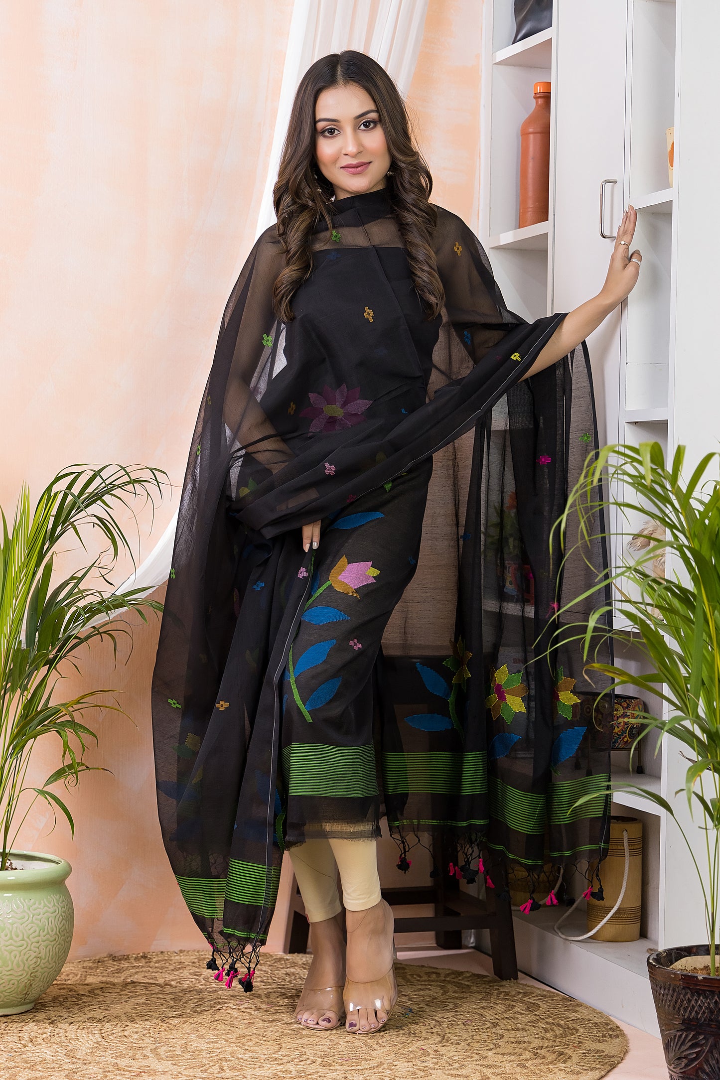Rich Black Muslin Jamdani 2-Piece Set Kurti & Dupatta (UNSTITCHED) -611