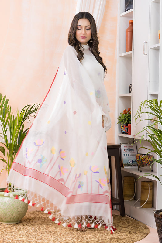 Snow White Jamdani 2-Piece Set Kurti & Dupatta (UNSTITCHED) -481