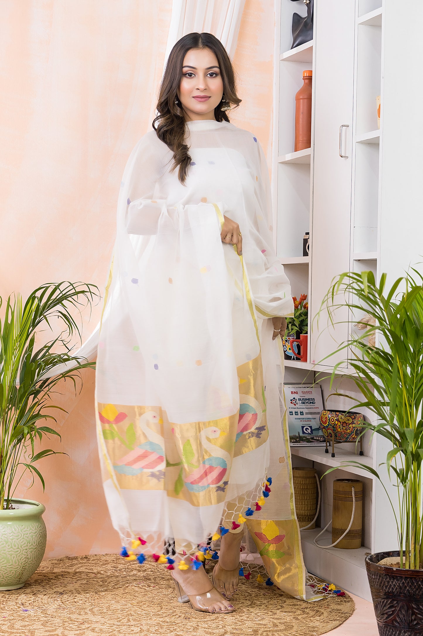 Cream White Paithani Jamdani 2-Piece Set Kurti & Dupatta (UNSTITCHED) -402