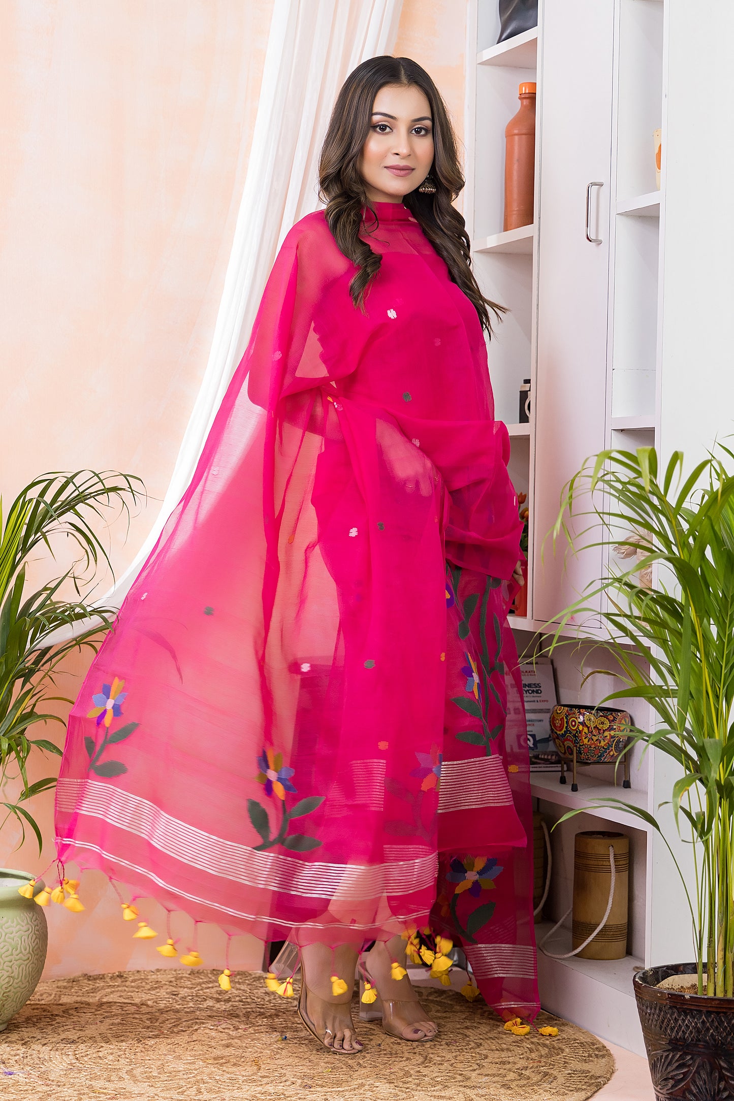 Deep Pink Muslin Jamdani 2-Piece Set Kurti & Dupatta (UNSTITCHED) -490